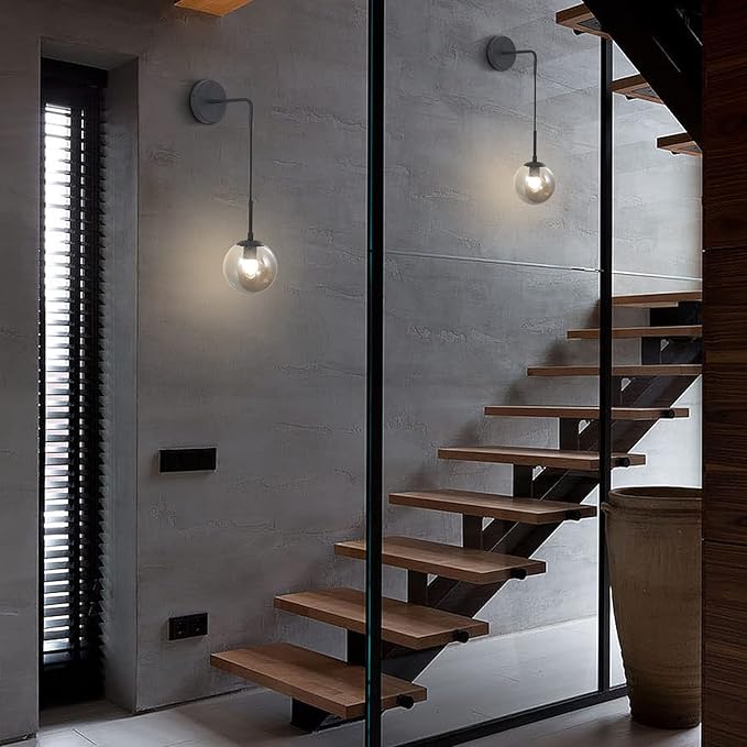 KCO Lighting Black Glass Globe Wall Sconce Set of 2 Farmhouse Industrial Wall Lamp with Adjustable Cord Mid Century Modern Wall Mount Reading Light for Bathroom Mirror Bedside Stairs (Smoke Grey)