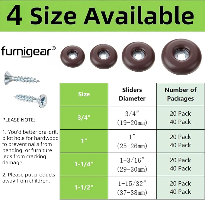 1-1/4" Screw on Furniture Sliders-Furnigear Heavy Duty PTFE (Teflon) Chair Leg Slides Glides Move Your Furniture Easy & Safely - Best Floor Protector(Brown-40pack)