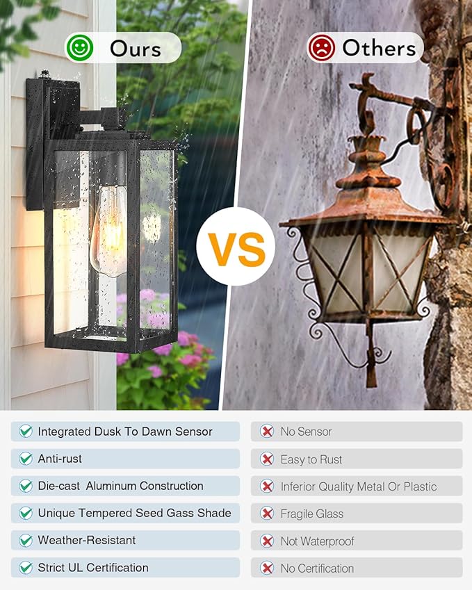 VIANIS Large Outdoor Light Fixtures Wall Mount, Black Dusk to Dawn Outside Porch Lighting, Modern Exterior Wall Sconce Lantern for Front Door, Anti-Rust Waterproof Coach Lights for Garage, Patio