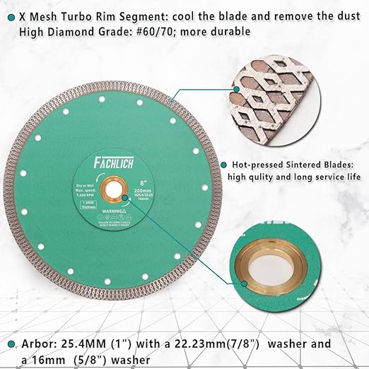 Diamond Porcelain Saw Blade,2pcs 8"/200MM Super Thin Dry Wet Cutting Disc with X Teeth Turbo Mesh Rim,for Ceramic Tile Porcelain Granite Marbles