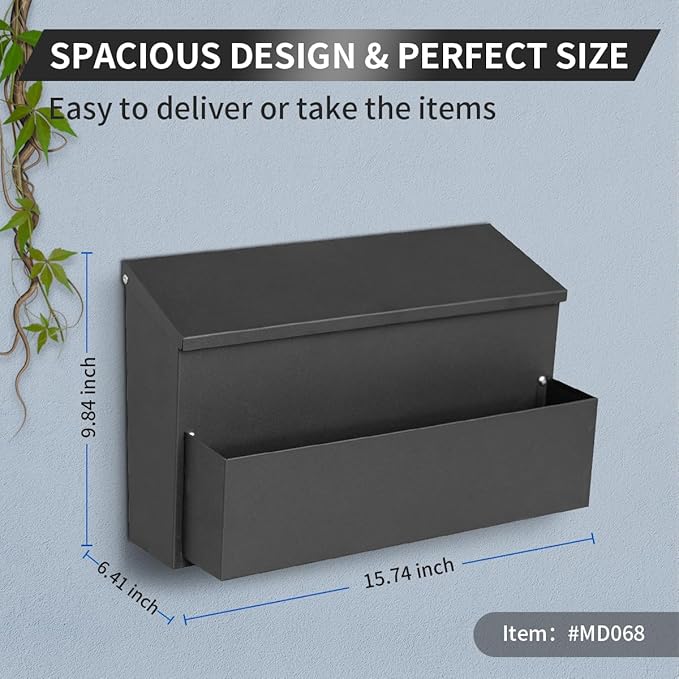 Wall Mount Mailbox, Large Capacity for House, Outside, with 3 Sets of 0-9 Number Stickers & Flower Planter, Galvanized Steel Rust-Proof Metal Post Drop Box, 15.74"×9.84"×6.41" Black