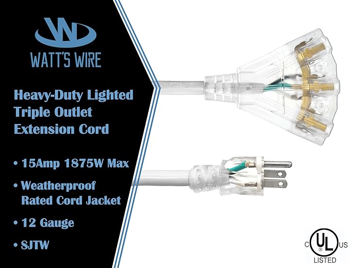 25 ft - 12 Gauge Heavy Duty Extension Cord - 3 Outlet Lighted SJTW - Indoor/Outdoor Extension_Cord by Watt's Wire - 25' 12-Gauge Grounded 15 Amp ExtensionCord
