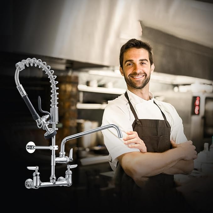 Fapully Commercial Kitchen Faucet,Wall Mount Kitchen Sink Faucet with Pre-Rinse Pull Down Sprayer,25‘’ Height 8'' Center 3 Compartment Sink Faucets with 12.2'' Swing Spout Chrome
