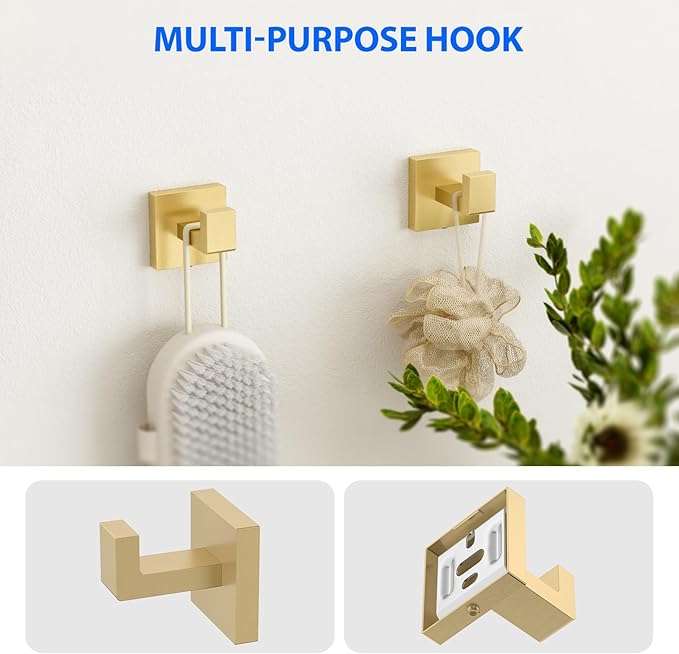 Brushed Gold 5-Pieces Bathroom Hardware Set, SUS304 Rustproof Steel 16" Rectangle Bathroom Towel Racks Accessories Set, Luxury Hotel Grade Organization Hardware Kit