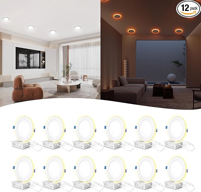 12 Pack 6 Inch LED Recessed Ceiling Light with Night Light, 2700K/3000K/3500K/4000K/5000K Selectable, 12W, Dimmable Canless Wafer Downlight, ETL, White