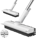 Floor Scrub Brush with Long Handle, 3 in 1 Scrape and Heavy-Duty Stiff Bristle Scrubber Brush for Cleaning Shower Bathroom, Patio, Garage, Kitchen, Wall and Deck (White, 2 Pack)