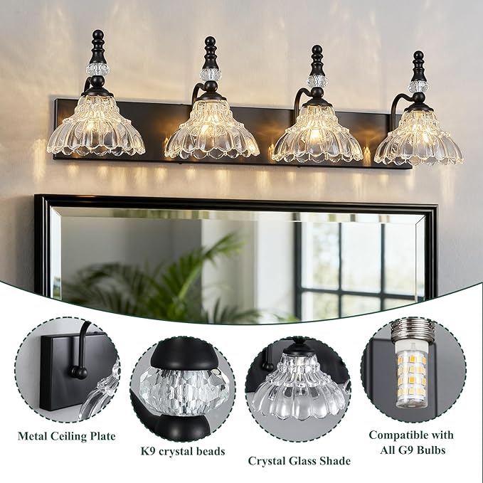 Vintage Bathroom Vanity Light, 4-Light Black Vanity Lighting Fixture with Flower Glass Shade, Bathroom Lighting Fixtures Over Mirror