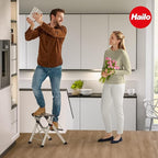 Hailo MK80 Mini Steel Step Stool - Two Large Anti-Slip Steps, 330 lb Capacity - Safety Release Button, Carry Handle - Easy Storage - Silver