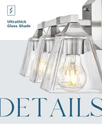 Modern Bathroom Light Fixture, HWH 3-Light Bathroom Light Fixtures Brushed Nickel Wall Vanity Light, Vanity Wall Lamp with Square Bell Glass Shade, 5HY68B-3W BN