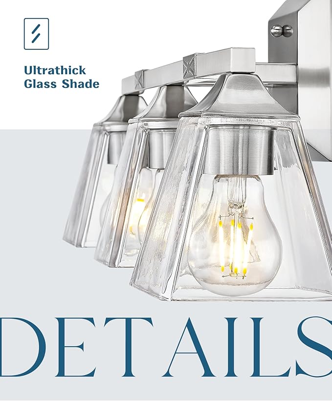 Modern Bathroom Light Fixture, HWH 3-Light Bathroom Light Fixtures Brushed Nickel Wall Vanity Light, Vanity Wall Lamp with Square Bell Glass Shade, 5HY68B-3W BN