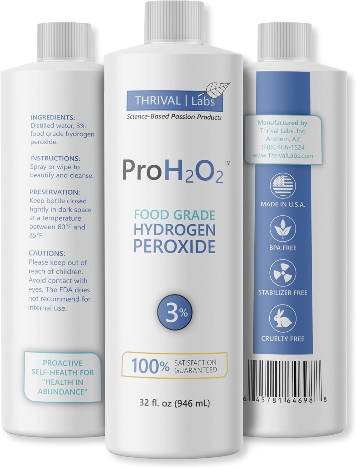 ProH2O2 3% Food Grade Hydrogen Peroxide – Natural Cleaner & Disinfectant – Suitable for Household Use – Ideal for Cleaning, Sanitizing & Gargle – 32 fl oz Refill (Pack of 4)