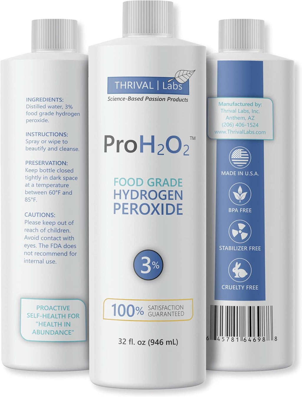 ProH2O2 3% Food Grade Hydrogen Peroxide – Natural Cleaner & Disinfectant – Suitable for Household Use – Ideal for Cleaning, Sanitizing & Gargle – 32 fl oz Refill (Pack of 2)