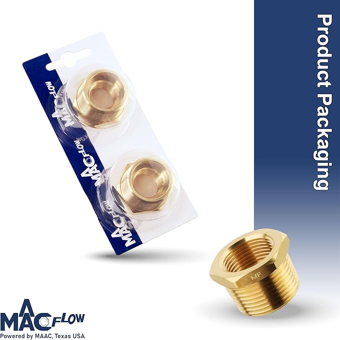 MAACFLOW brass 1" Male NPT to 1/2" Female NPT Adapter Reducer Hex Bushing (Thread OD1.27" - ID 0.72") (pack of 2)