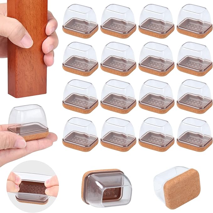 Ezprotekt 24 Pcs Rectangle Clear Silicone Chair Leg Floor Protectors Caps, Rectangle Felt Furniture Pads Covers Cups for Chair Table - Anti- Scratches and No Noise (Fit L :1.3-1.7", W: 0.6-0.9")