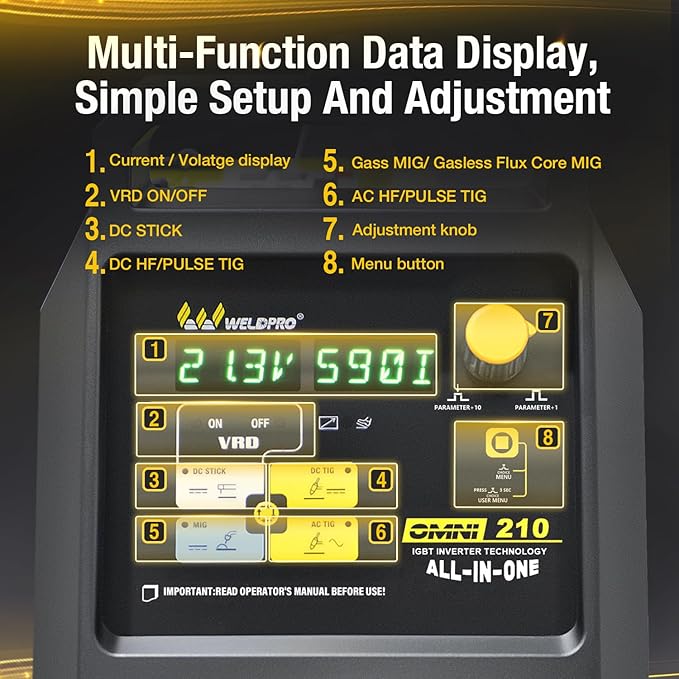 Weldpro Multi-Process Welder Dual Voltage 110V/220V AC/DC, MIG/Flux Core/Stick/High-Frequency TIG with Pulse & Aluminum Balance/Frequency Control Welding Machine Omni 210
