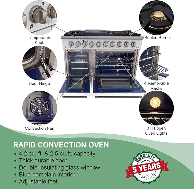 Akicon 48 Inch Freestanding Gas Range - 6.7 cu. ft. Double Rapid Convection Gas Oven - Gas Stove with 8 Sealed Burners & a Griddle, Heavy Duty Cast Iron Grates (Black & Copper)