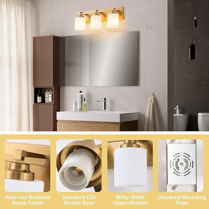 3 Light Modern Bathroom Light Fixtures Over Mirror, Brass Finish Vanity Lights for Bathroom Wall Sconces with Milky White Glass Shades, E26 Socket (Bulbs Not Included)