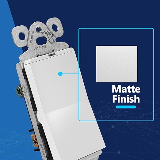 LIDER Minimalist Design Matte Finish Lighted Decorator Switch with Wall Plate, Frameless Paddle Light Switch with Locator Light, 3-Way, Grounding Screw, 15A 120V, UL Listed, White, 10 Pack