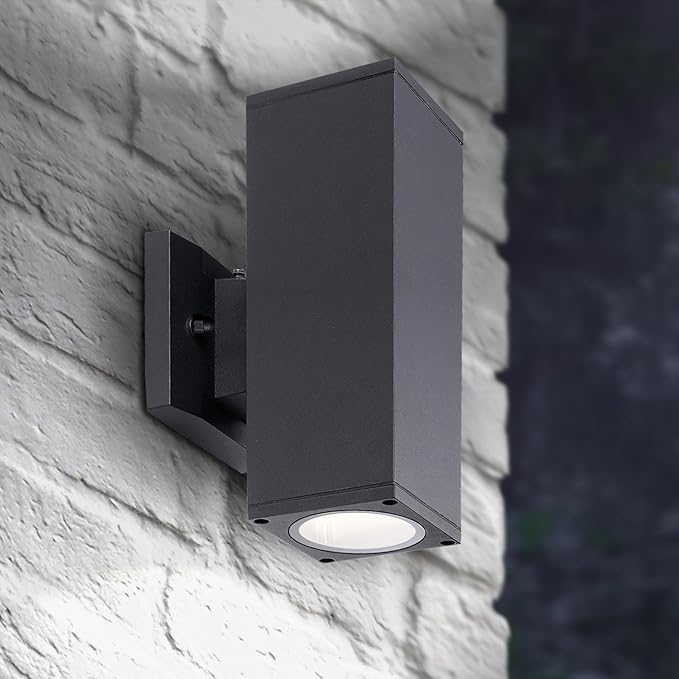 ASD 2 Light Square Dusk to Dawn Outdoor Wall Light Fixture | 120W E26 Bulb Socket 120V ETL Cylinder Up Down Lights | LED/CFL/Incandescent Bulb Wall Sconce | Front Door, Porch, Patio | Black