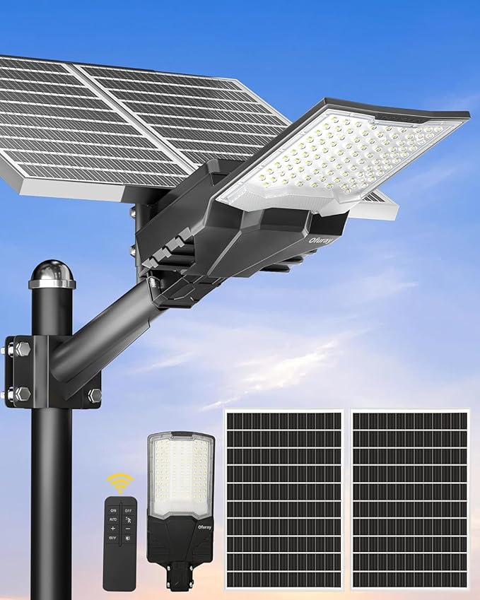 Ofuray Solar Street Lights Outdoor,OL-10000W 50,000Mah High Power Solar Security Flood Lights Parking Lot Lights Commercial Dusk to Dawn,IP67 6500k Led with Remote for Street,Court,Barn