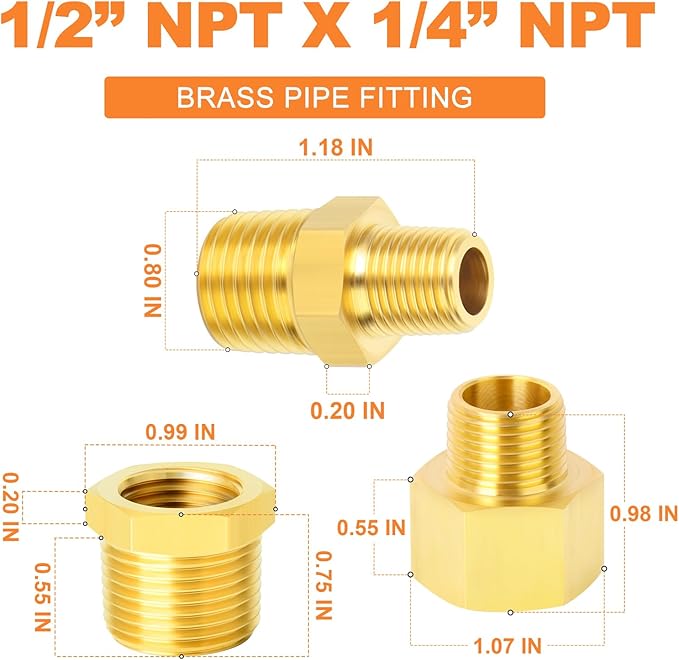 GASHER 30PCS Brass Pipe Fitting, Hex Bushing, Reducer Adapter, Reducing Hex Nipple 1/2 Inch NPT x 1/4 Inch NPT