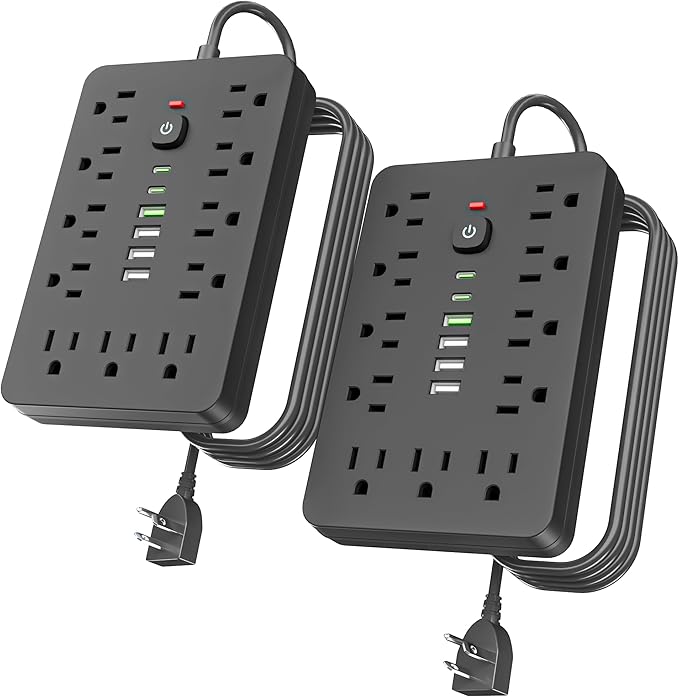 2PCS 6 FT Flat Plug Surge Protector Power Strip,11 Multiple AC Outlets with 6 USB Ports (2 USB C), 6 Feet Extension Cord, 1250W/10A, One Touch Switch Button, 17 in 1 Compact powerstrip