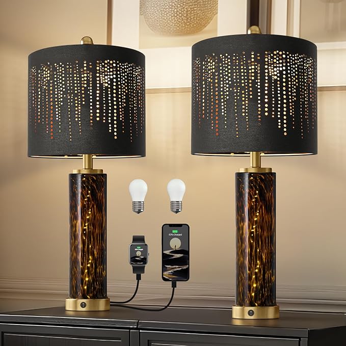 Oneach 27.75" Modern Table Lamps Set of 2, Gold Bedside Lamp with Leopard Glass Nightlight, USB A+C, Black Crystal Shade, Unique Desk Lamps for Living Room, Bedroom, Nightstand (2 Bulbs Included)