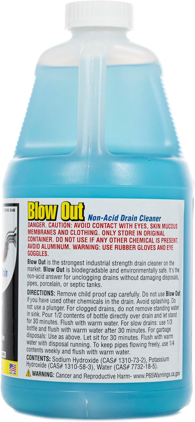 ComStar Blow Out, Non-Acid Liquid Drain Cleaner, Industrial Strength Formula for Fast Unclogging, Dissolves Hair Grease Soap & Organic Build-Up, Safe for Pipes, Septic, Porcelain, 1/2 Gallon (30-480)
