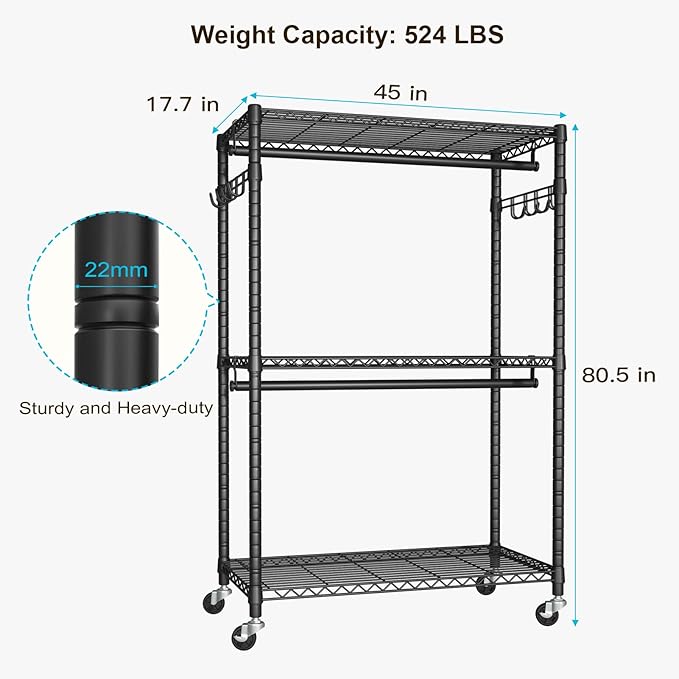 FUTASSI P1 Plus Rolling Clothes Rack, 22mm Diameter Heavy Duty Garment Rack with Wheels, Portable Closet Wardrobe with Double Rods, 45" W x 17.7" D x 80.5" H, Max Load 524 LBS, Black
