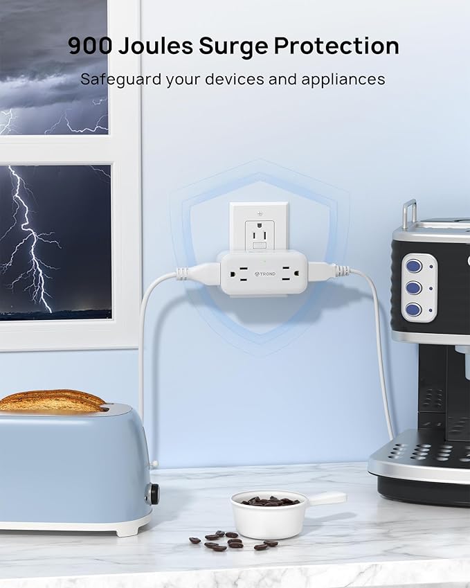 TROND Outlet Extender with 360 Rotating Plug, Plug Adapter with 4 Electrical Sockets and 4 USB Ports, 900 Joules Surge Protection, 3 Way Outlet Splitter for Home Office Travel, White