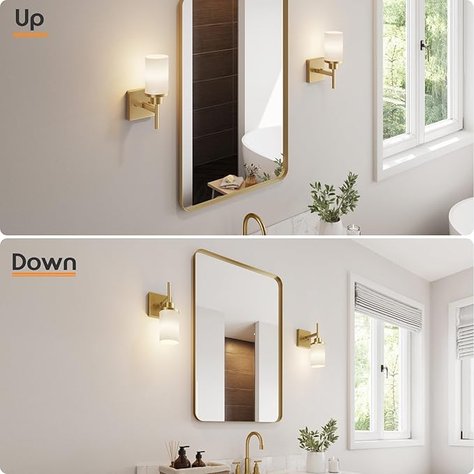 Vanity Lighting Fixtures with White Frosted Glass Shade, Modern Gold Wall Lamps for Bathroom Mirror Bedroom Living Room Porch, 2 Pack T001GD-L1-P2