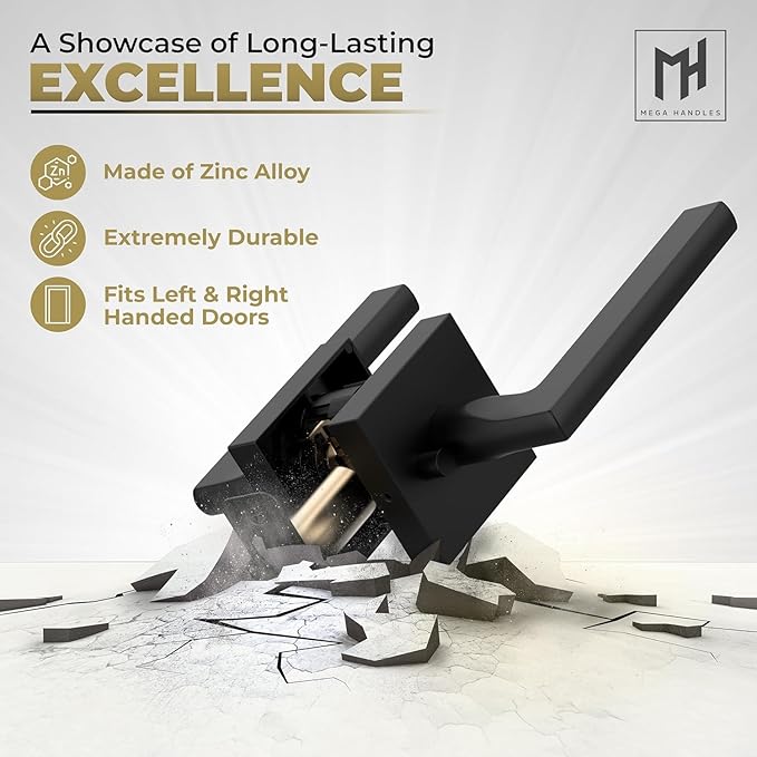 Mega Handles Prime Privacy Door Handle - 2 Pack Reversible Interior Black Door Handle, Heavy Duty Bed & Bath Door Handles with Privacy Door Lock, Fits All Standard Doors - Matte Black