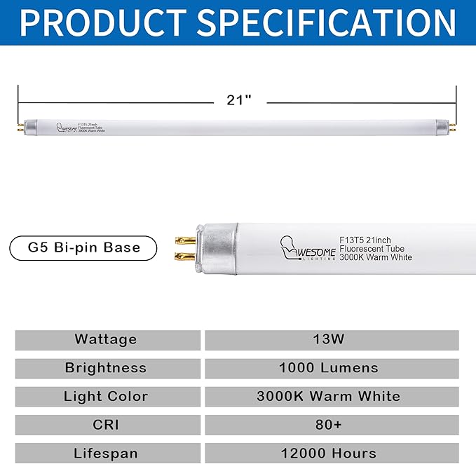 8 Pack 21 Inch F13T5/WW Fluorescent Light Bulb, 3000K Warm White, T5 13 Watts Fluorescent Replacement Bulb for Counter and Cabinet Fixture, G5 Base