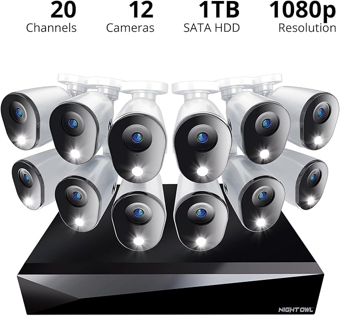 Night Owl 2-Way Audio 20 Channel DVR Video Home Security Camera System with (12) Wired 1080p HD Indoor/Outdoor Deterrence Cameras and 1TB Hard Drive (Add up to 4 Wi-Fi Cameras) (12 Camera)