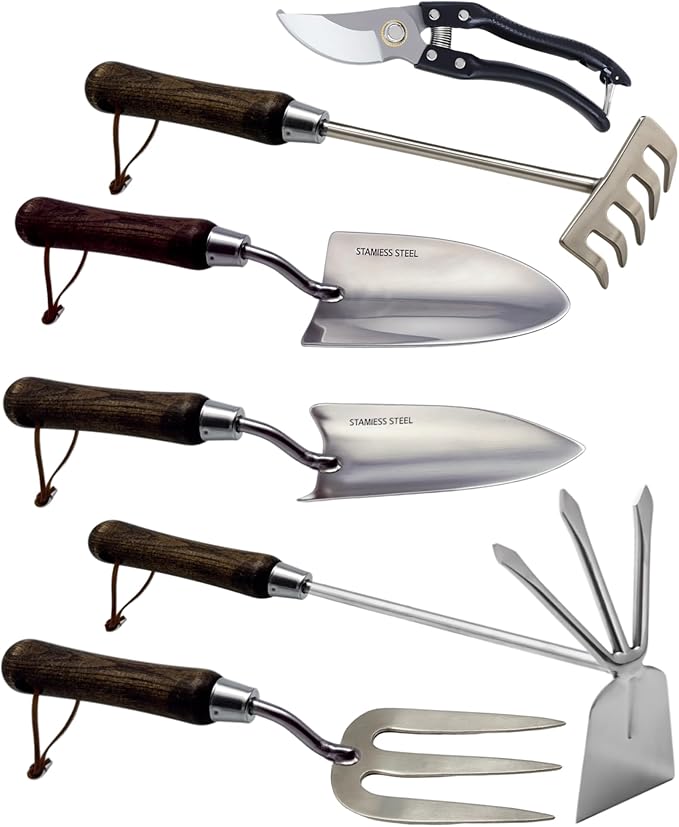 Garden Tool Set, 6PCS Heavy Duty Stainless Steel Gardening Hand Tools with Ropes, Includes Trowel, Transplanter, 2-in-1 Hoe, Pruner & More, Ideal Gardening Gift for Man and Woman (Standard Packaging)