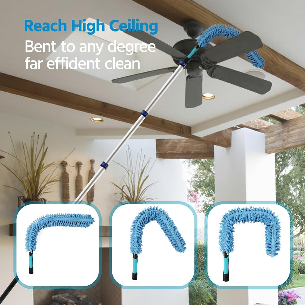 23FT High Reach Duster Cleaning Kit with Extension Pole, Ceiling Fan Cleaner Duster with 4-16.5 ft Telescoping Pole, 2 in 1 Squeegee for Window Cleaning, Spider Web Brush for Shower Glass Car Cleaning