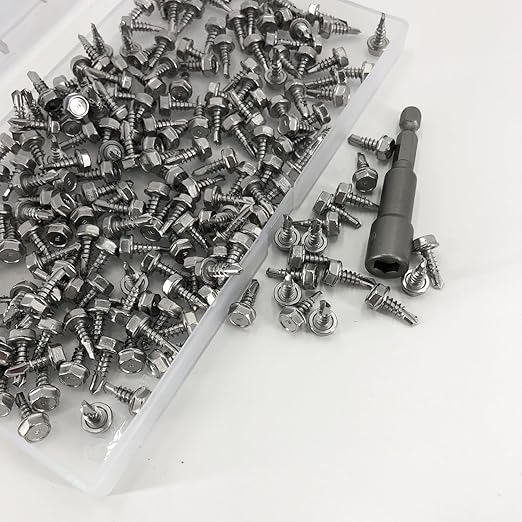 200 PCS #8 x 1/2'' Sheet Metal Screws 410 Stainless Steel Hex Washer Head Fast Self Tapping Screws with Screwdriver