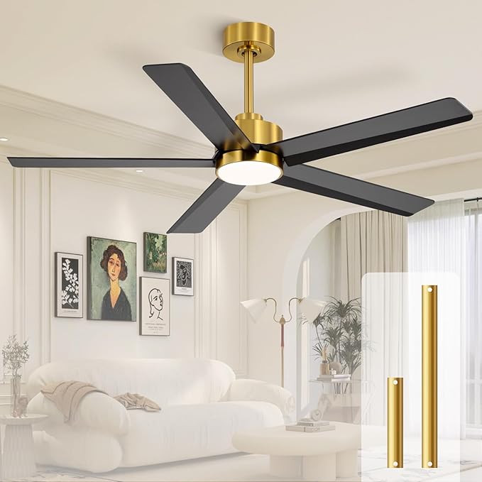 52 Inch Ceiling Fans with Lights and Remote for Bedroom Living Room Kitchen Office, Indoor/Outdoor Use, 3CCT Dimmable, 5 Blades 6 Speed Reversible Quiet DC Motor, Gold/Black