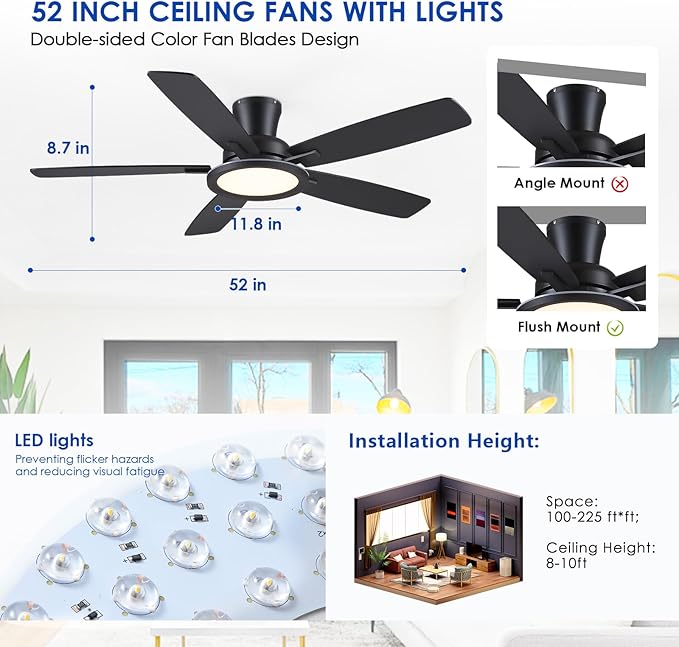 52" Flush Mount Ceiling Fan with Lights and Remote - Black Modern Ceiling Fan, Reversible and 5 Dual-Sided Blades, Low Profile Fan Light for Indoor Bedroom, Covered Patios