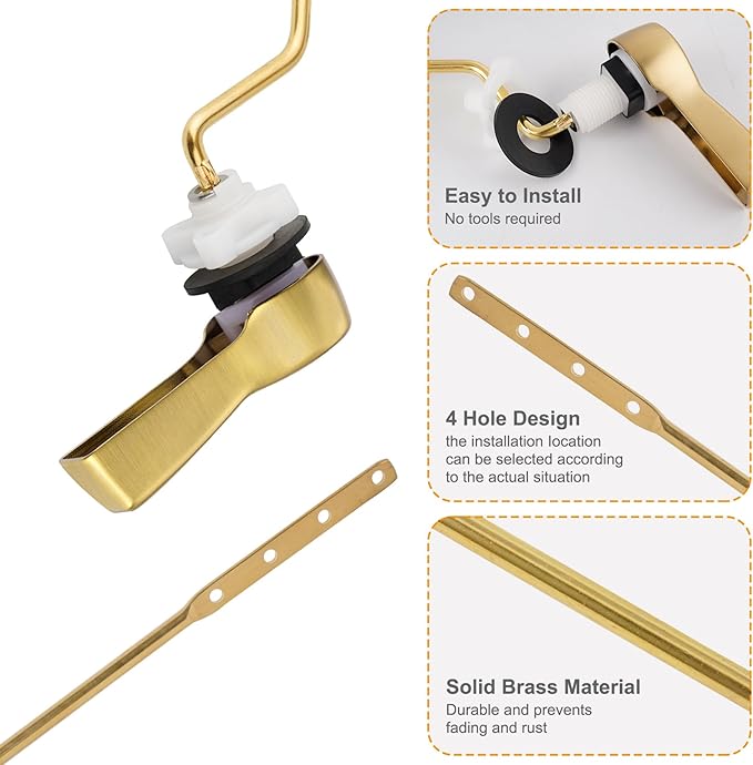 Hibbent Universal Metal Side Mount Toilet Handle Replacement Kit, Brass Toilet Flush Tank Lever with Stainless Steel Flapper Chains for Most Toilets, Brushed Gold