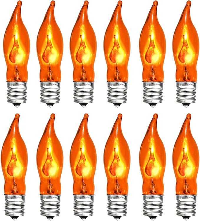 12 Pack C7 Flickering Flame Light Bulbs Orange Fall Lights Bulb - E12 Flickering Flame Bulb, Ideal as Fall Christmas Halloween Candle Light Bulbs & Replacement Bulbs for String Lights,1W, 120V