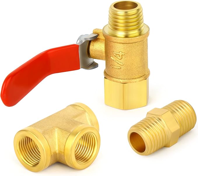 GASHER 6PCS 1/4 Inch NPT Brass Pipe Fitting, Ball Valve, Barstock Tee Brass Pipe Fitting and Air Hose Fitings