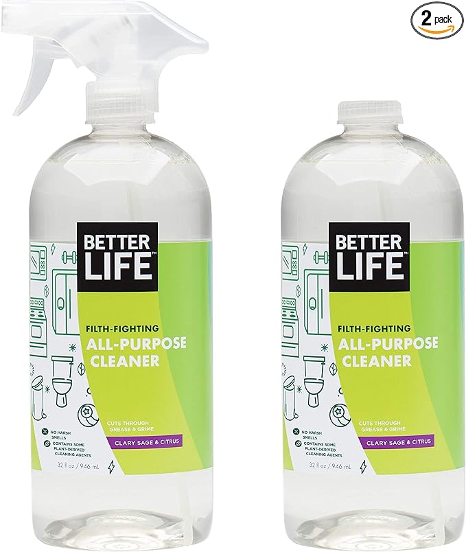 Better Life All Purpose Cleaner - Multipurpose Home and Kitchen Cleaning Spray for Glass, Countertops, Appliances, Upholstery & More - Multi-surface Spray Cleaner - 32oz (Pack of 2) Clary Sage/Citrus