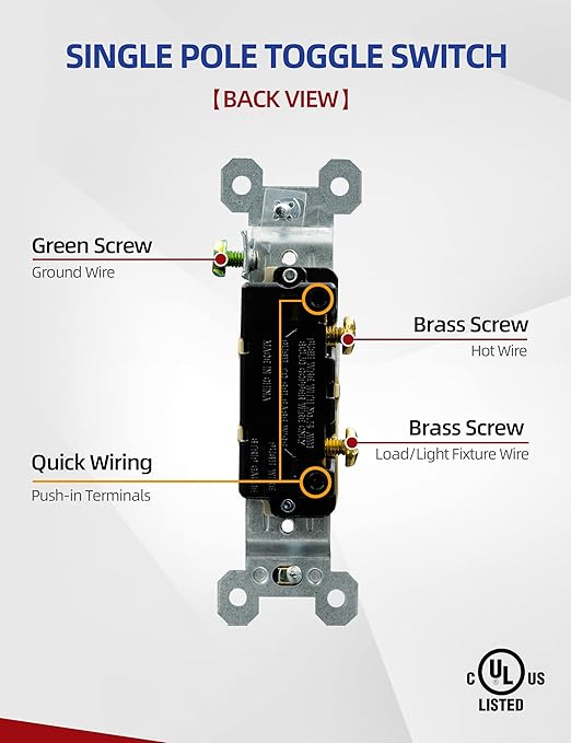 AIDA 15 Amp Single Pole Quiet Indoor Toggle Switch Self-Grounding ON Off, Residential Grade, UL Listed, Quickwire Push-in & Side Wired (White, 10 Pack)