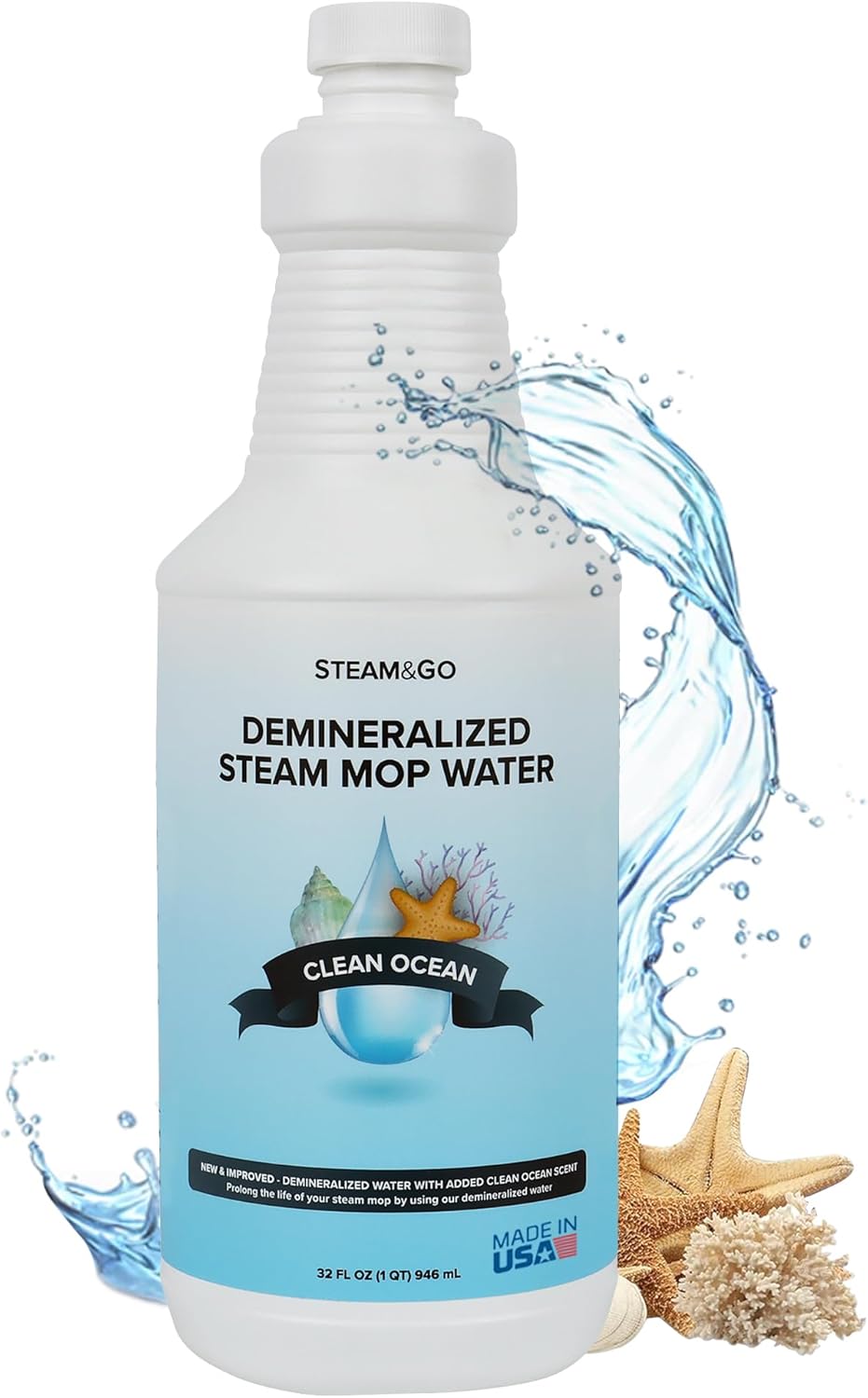 Steam & Go Demineralized Water - Multisurface Cleaner, PVC-Free Ready-to-Use for Mops & Floor Steamers - Ideal for Kitchen, Bathroom, & Home Surfaces - Clean Ocean Scent - 32oz (Pack of 1)