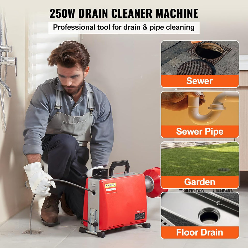 VEVOR 66FT x 5/8 Inch Drain Cleaner Machine, 250W Electric Sewer Snake Auger Manual Feed - with 7 Cutters, 2 Steel Cables (66' x 5/8" and 15' x 3/8")& CW/CCW Control for 1.6" to 4" Pipes