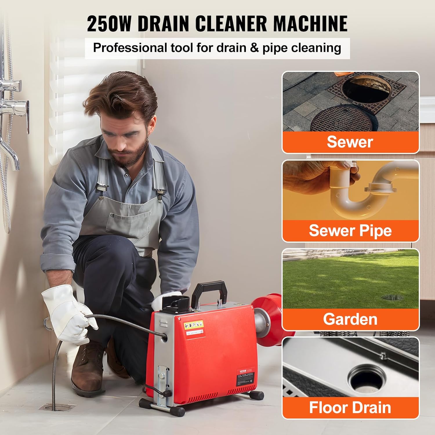 VEVOR 66FT x 5/8 Inch Drain Cleaner Machine, 250W Electric Sewer Snake Auger Manual Feed - with 7 Cutters, 2 Steel Cables (66' x 5/8" and 15' x 3/8")& CW/CCW Control for 1.6" to 4" Pipes