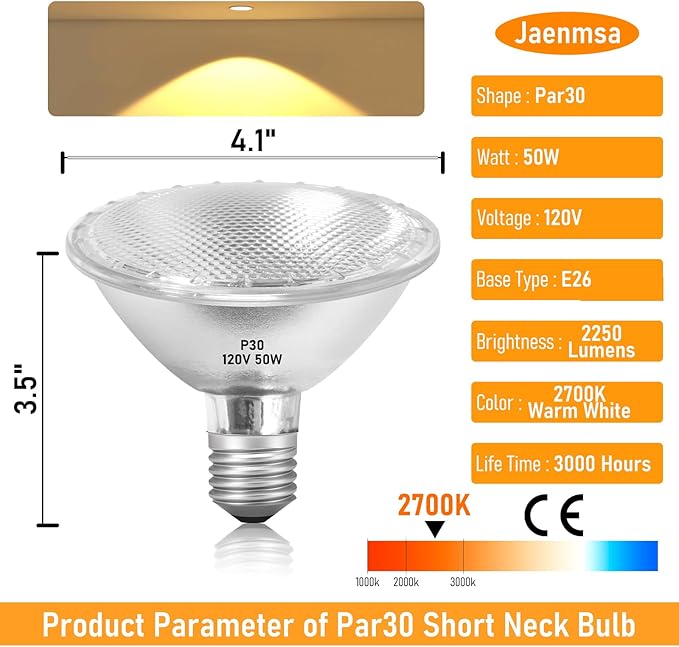 Par30 Halogen Light Bulbs 50W 120V, Short Neck Par30 Flood Light Bulbs,Dimmable 2700K Warm White, 6Pcs Halogen Bulbs E26 Base for 5-6in Recessed/Ceiling Cans/Accent/Tracking Lighting