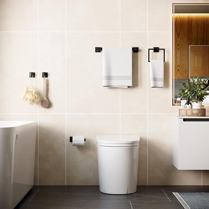 5-Piece Matte Black Bathroom Accessories Set, SUS304 Stainless Steel Wall Mounted 16 Inch Hand Towel Bar, Toilet Paper Holder, Towel Ring, Towel Hooks, Bathroom Hardware Set, Towel Bar Set