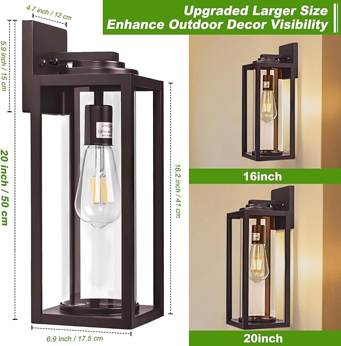 20inch Large Outdoor Wall Lights 2 Packs - Oil Rubbed Bronze Exterior Light Fixture with Clear Glass Shade, Waterproof Porch Lighting for House, Farmhouse Sconces Lantern for Front Door, Garage